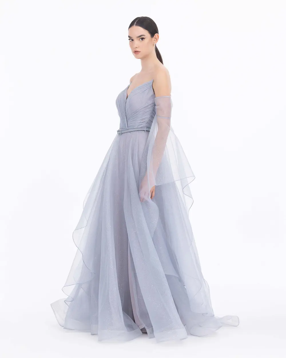 Dovetail Collar Detachable Sleeves Silvery Evening Dress