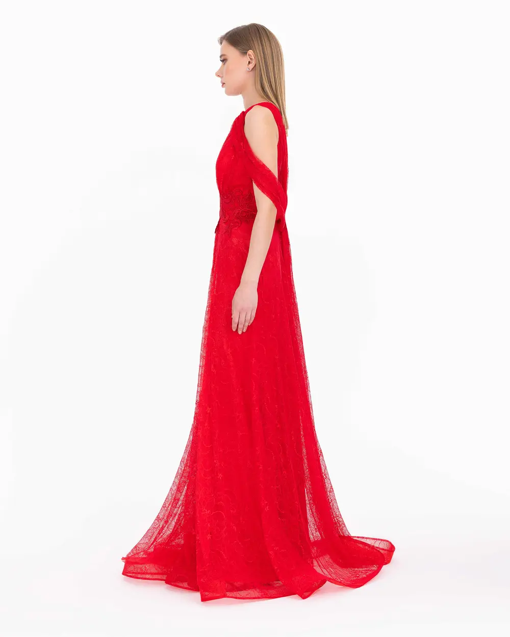 Waist Detailed Asymmetrical One Shoulder Evening Dress