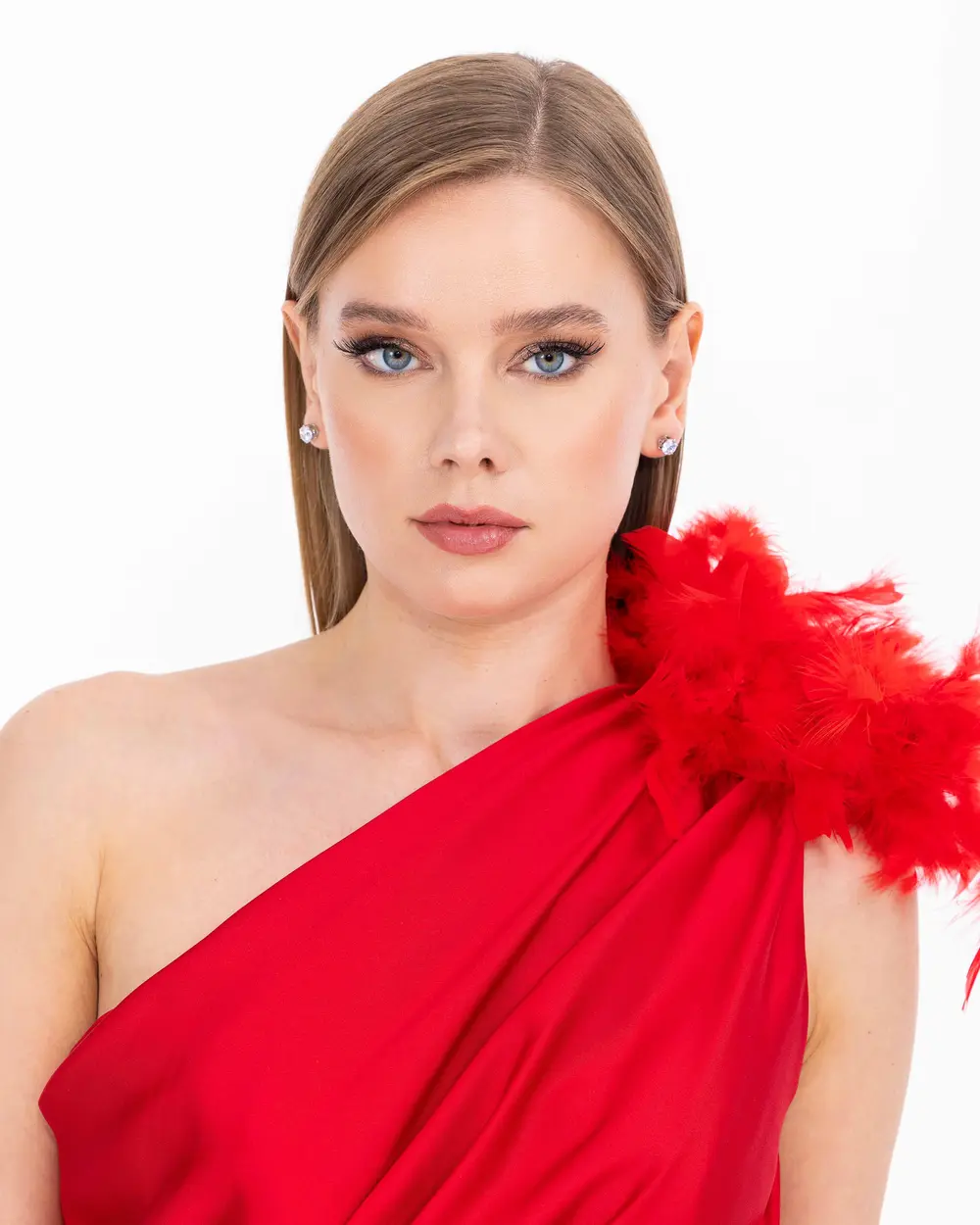 Waist Detailed Asymmetrical One Shoulder Evening Dress