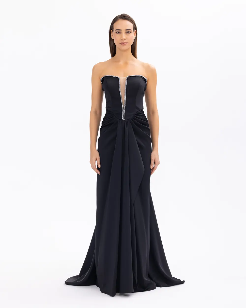 Straplez Yaka Saten Dokuma Dar Form Abiye