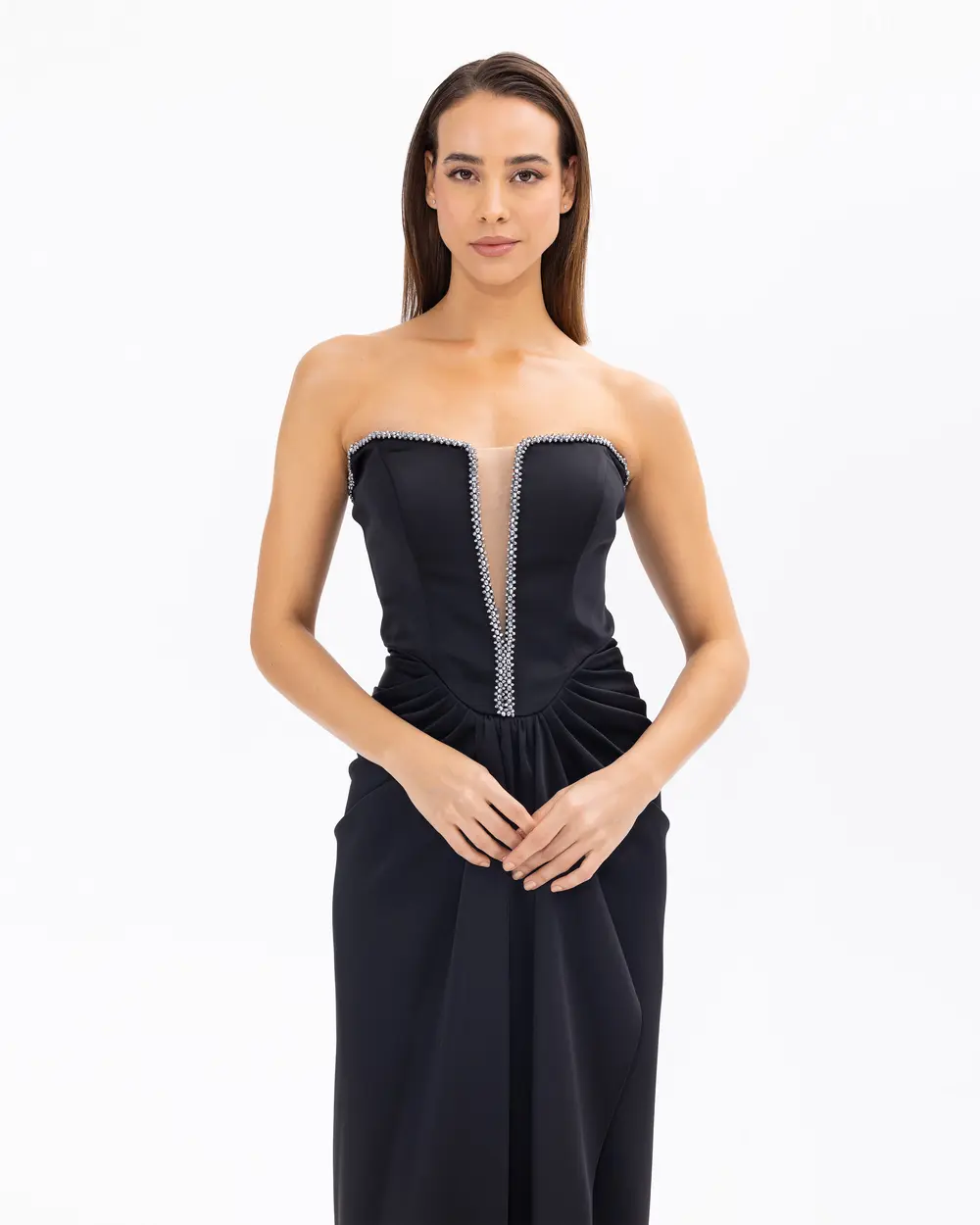 Straplez Yaka Saten Dokuma Dar Form Abiye