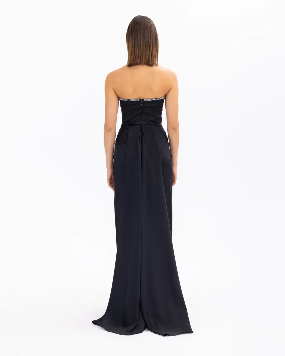 Straplez Yaka Saten Dokuma Dar Form Abiye