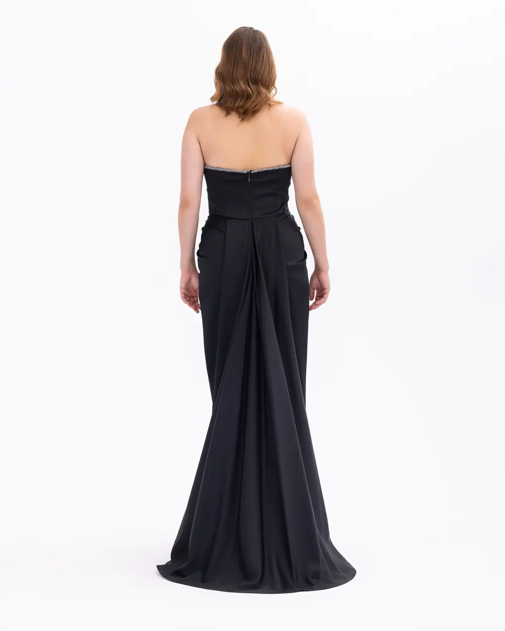 Straplez Yaka Saten Dokuma Dar Form Abiye