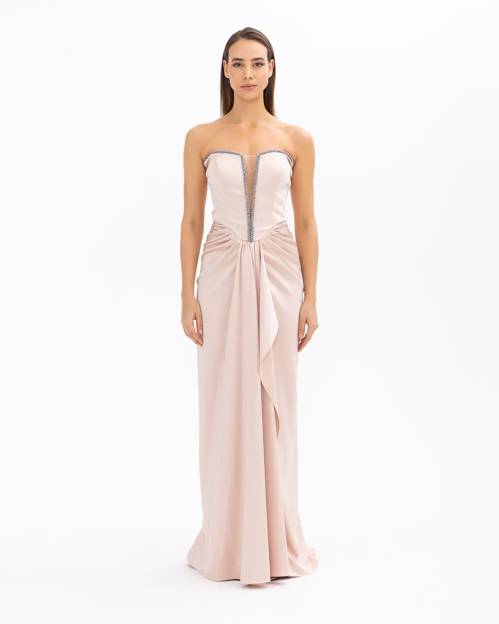 Straplez Yaka Saten Dokuma Dar Form Abiye