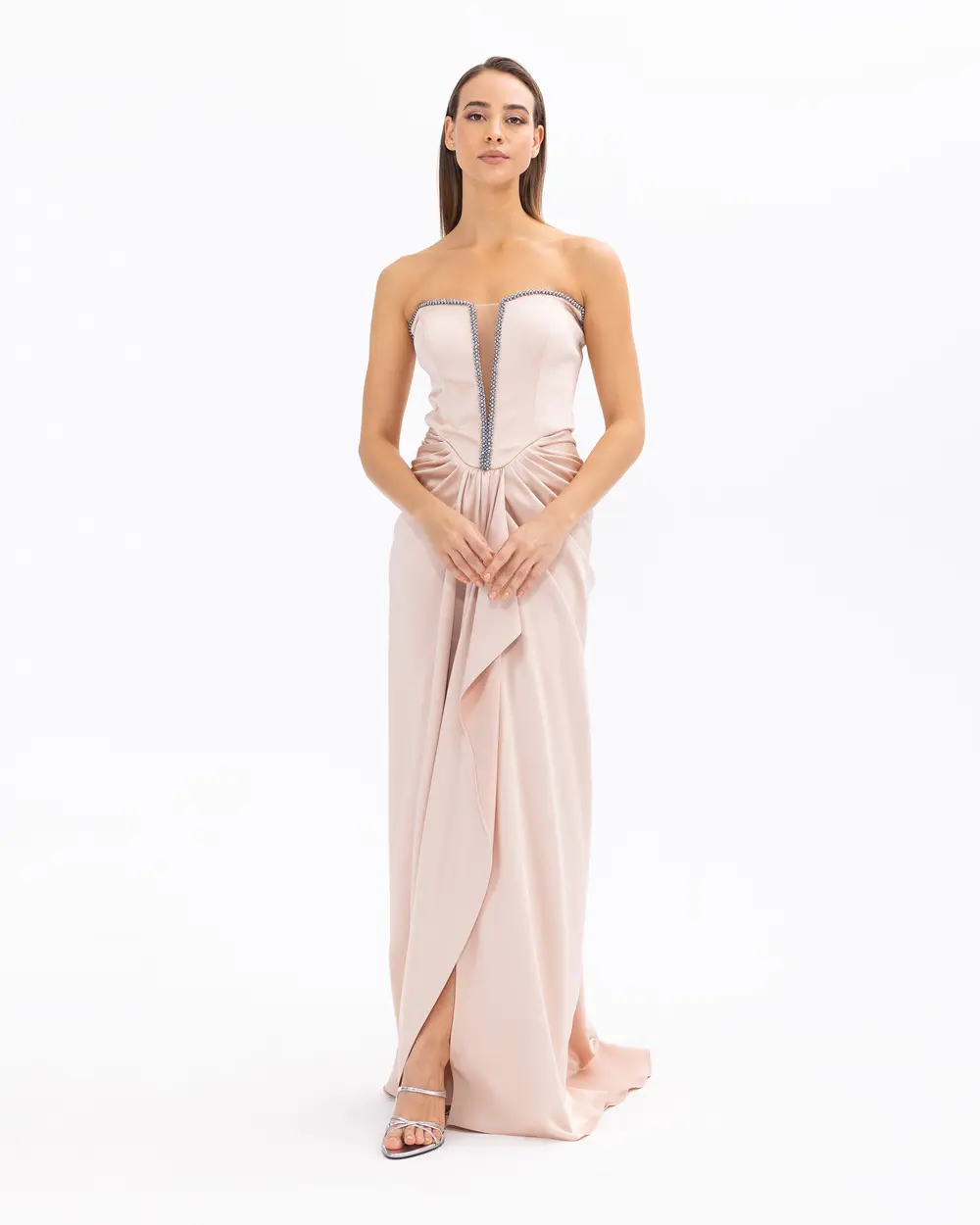 Straplez Yaka Saten Dokuma Dar Form Abiye