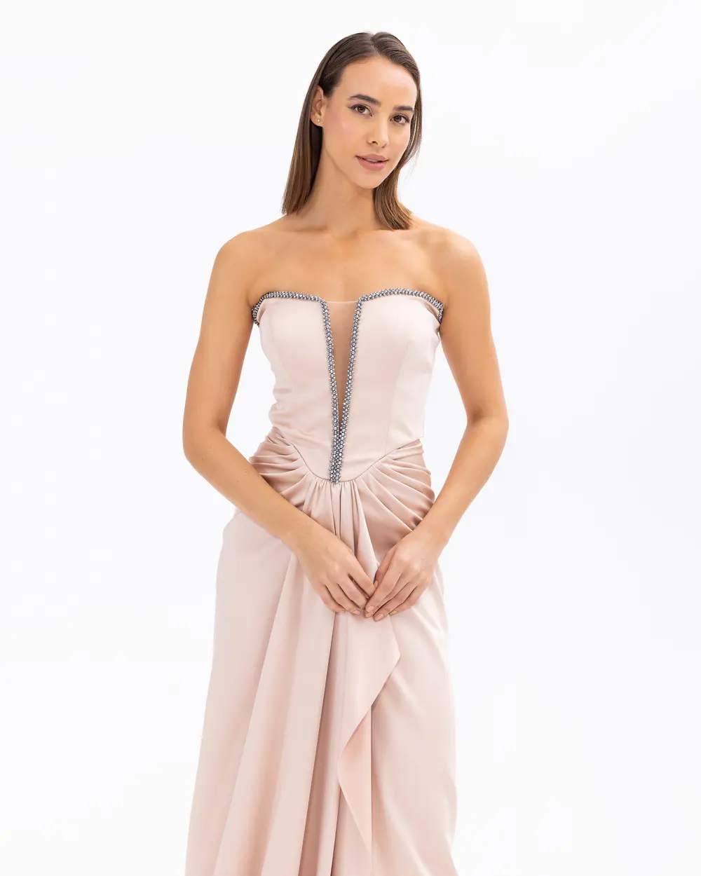 Straplez Yaka Saten Dokuma Dar Form Abiye