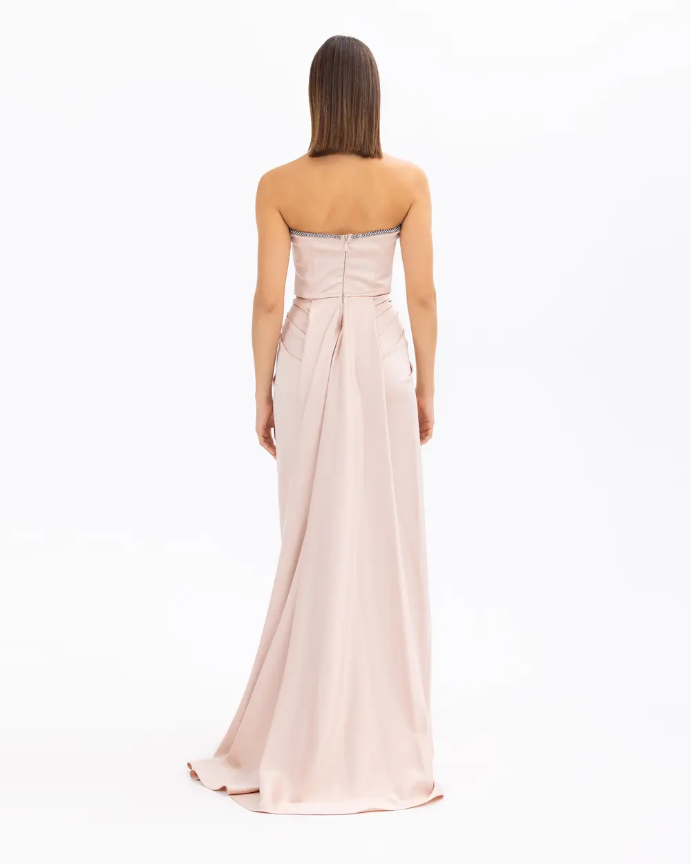 Straplez Yaka Saten Dokuma Dar Form Abiye