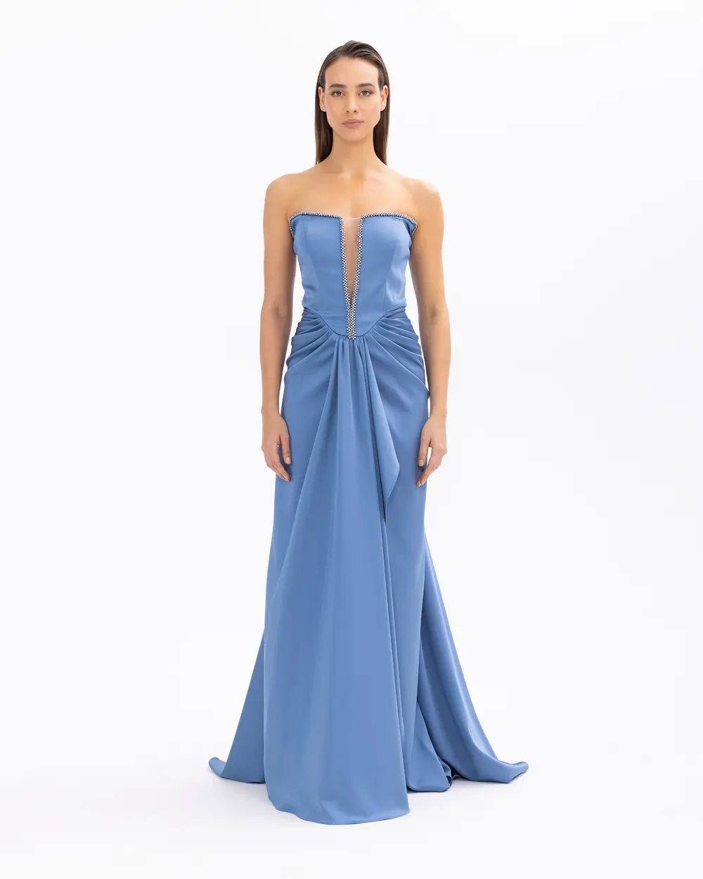 Straplez Yaka Saten Dokuma Dar Form Abiye