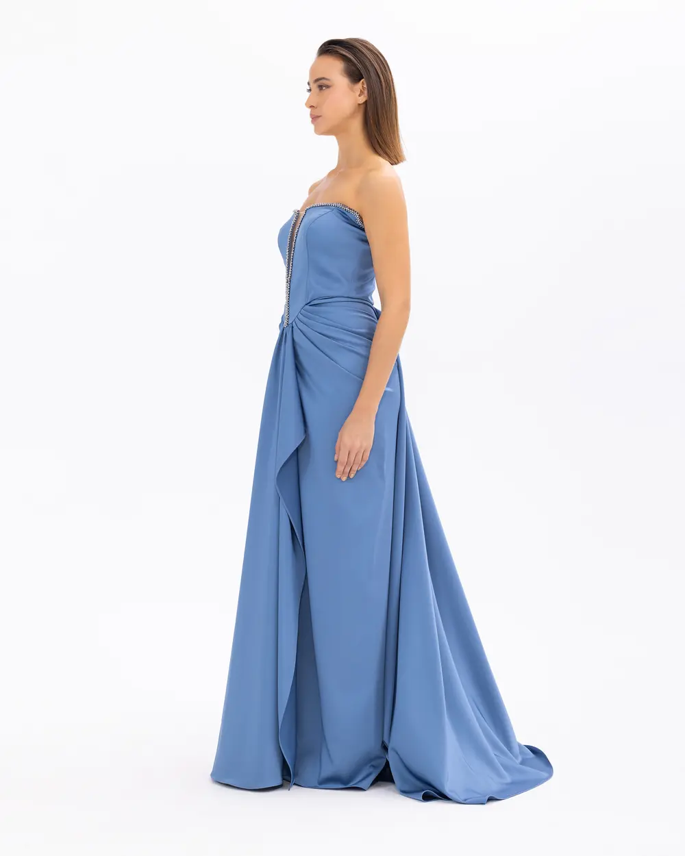 Straplez Yaka Saten Dokuma Dar Form Abiye