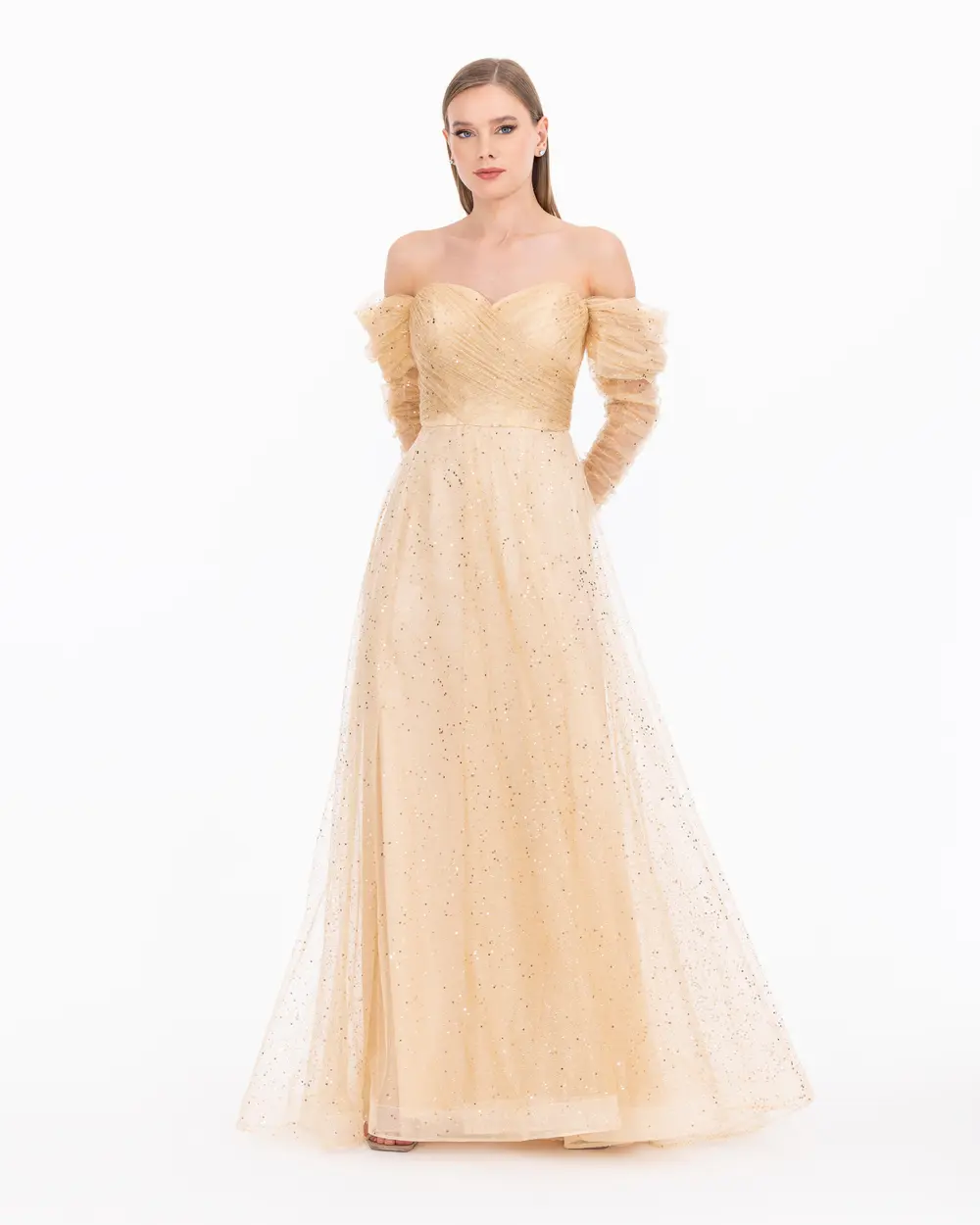 Glittery Evening Dress With Tulle Bust Cups