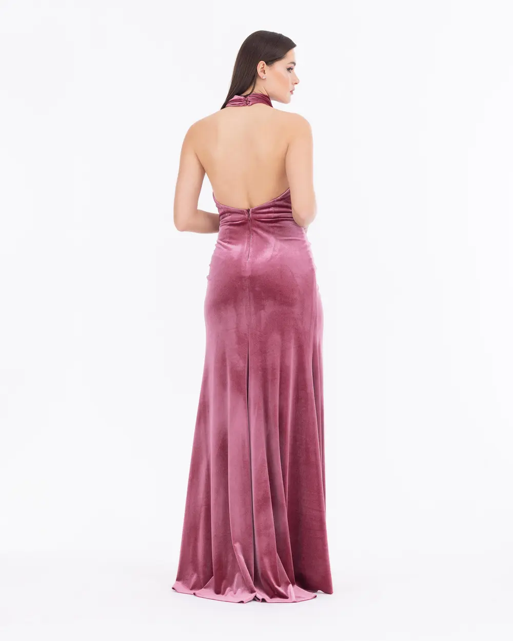 Halter Neck Slit Detailed Velvet Evening Dress