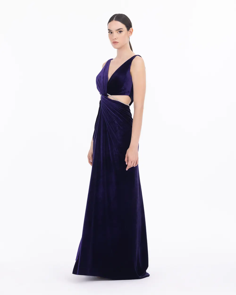 Waist Detailed Accessory Velvet Evening Dress