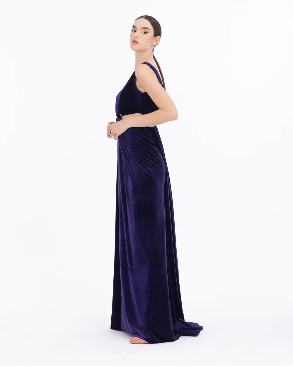 Waist Detailed Accessory Velvet Evening Dress