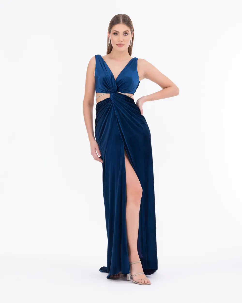 Waist Detailed Accessory Velvet Evening Dress