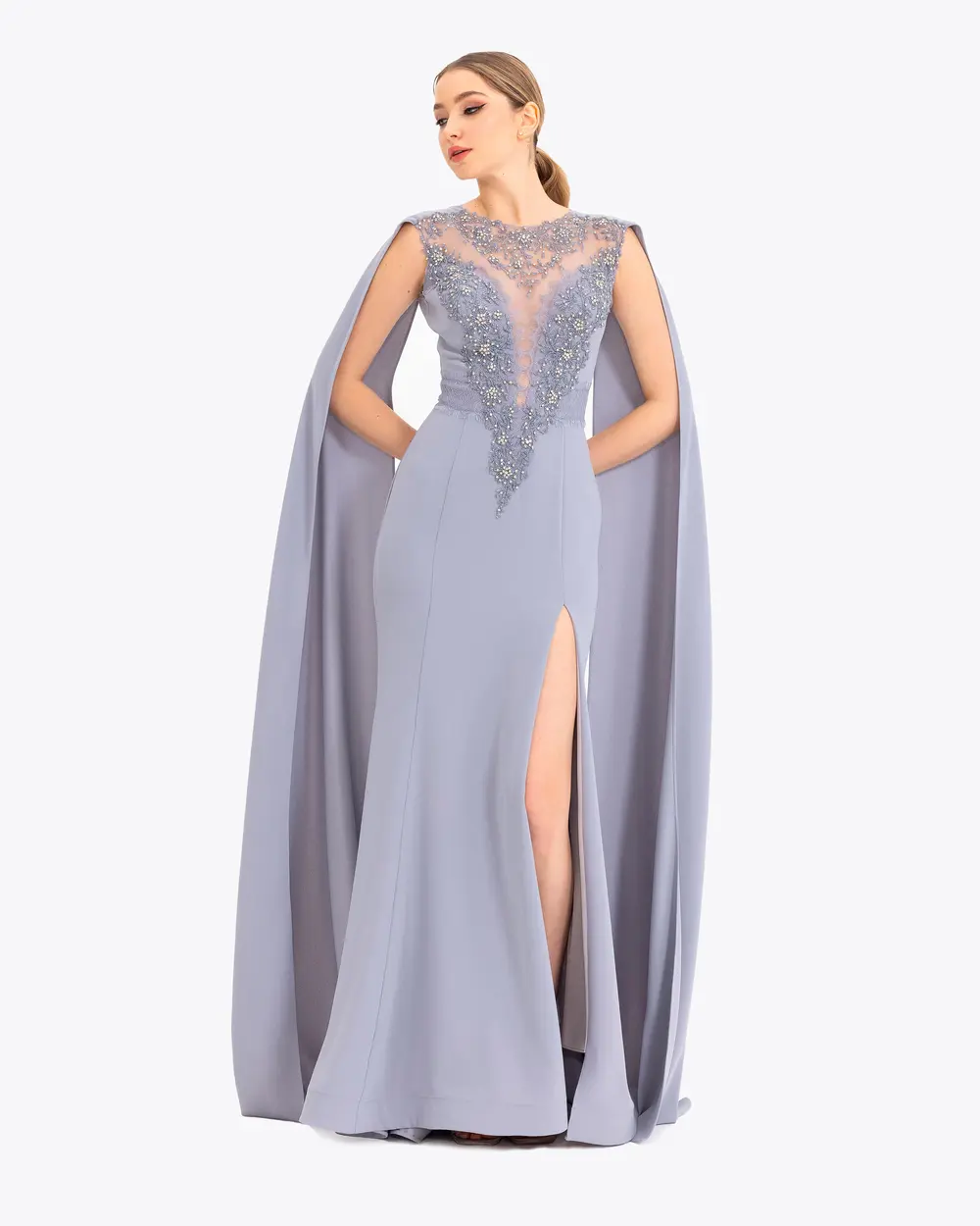 Crepe Fabric Slit Evening Dress with Indian Accessories