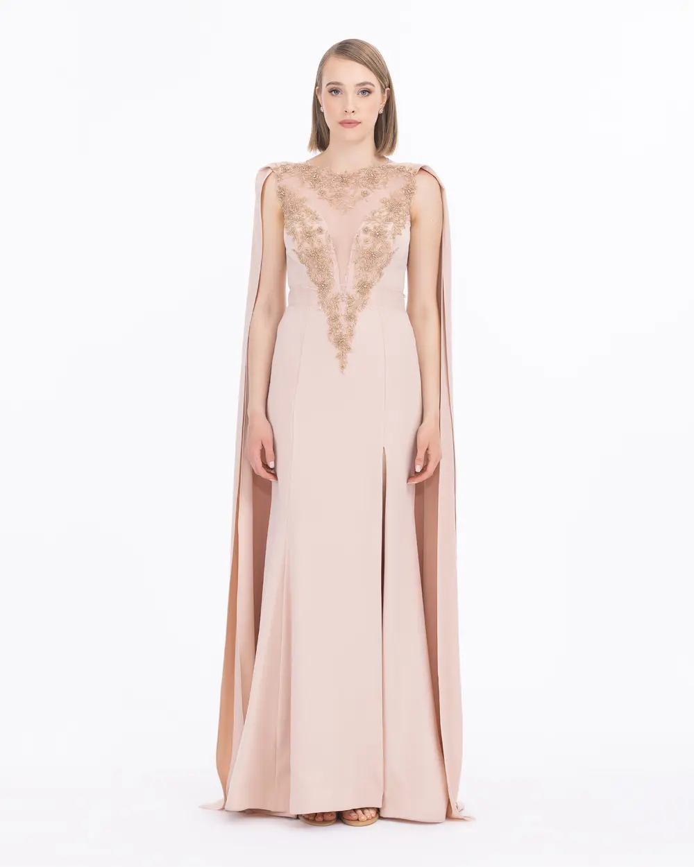 Crepe Fabric Slit Evening Dress with Indian Accessories