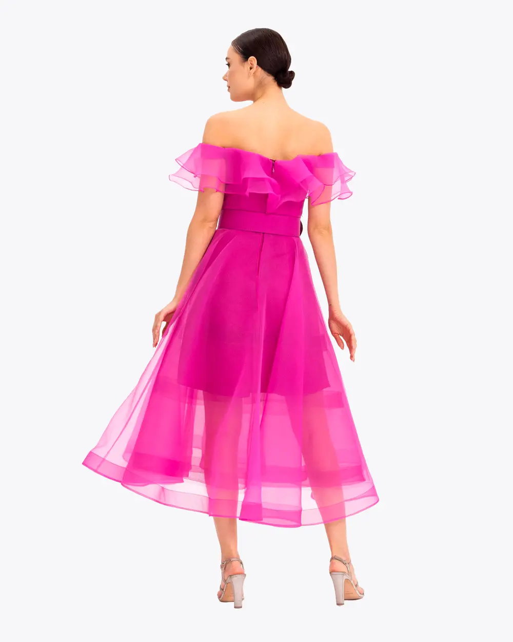 Ruffle Neck Organza Fabric Midi Length Evening Dress