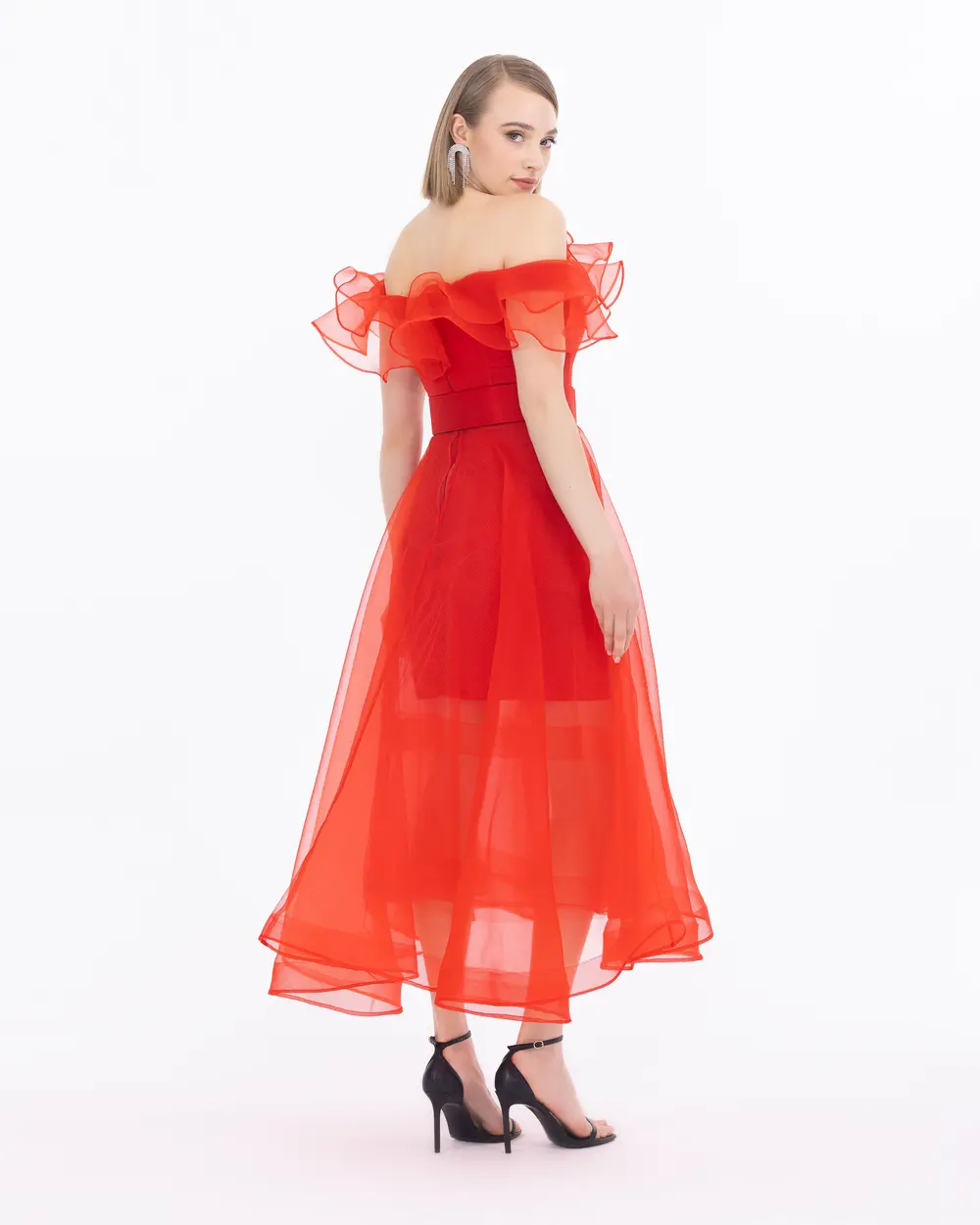Ruffle Neck Organza Fabric Midi Length Evening Dress