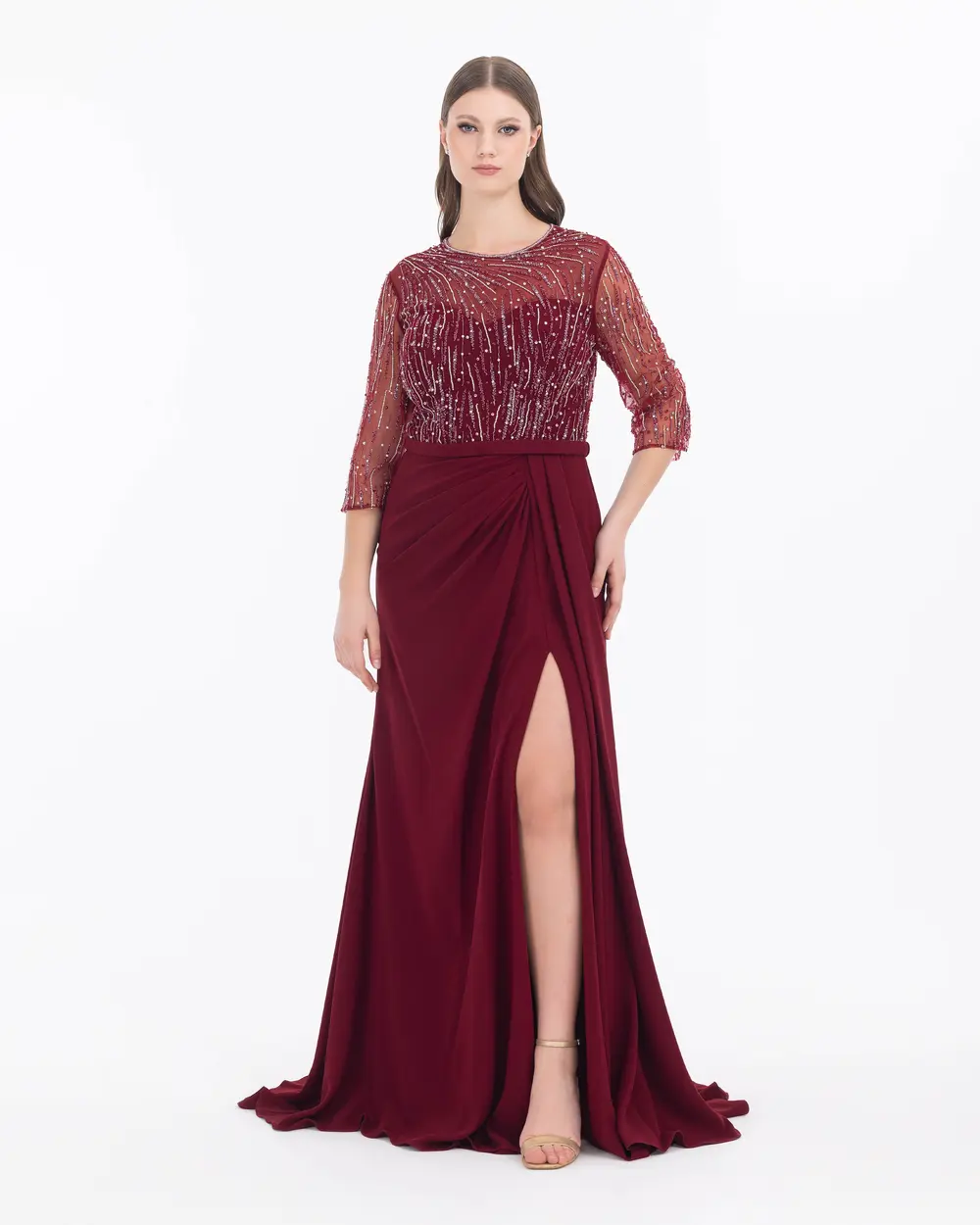 Plus Size Three Quarter Sleeve Lace Evening Dress