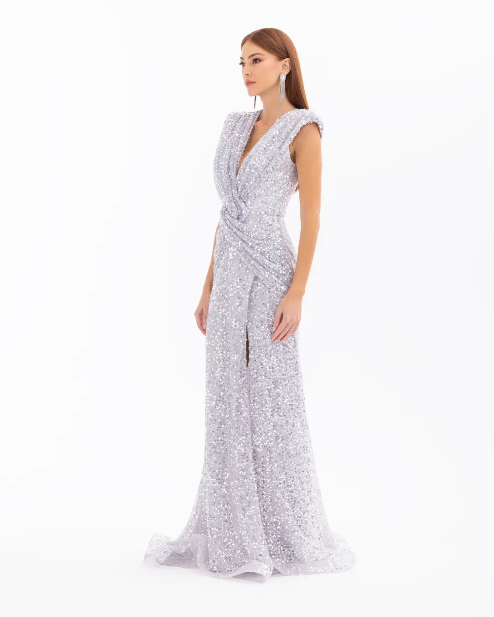 Draped V-Neck Sequin Evening Dress with Slits