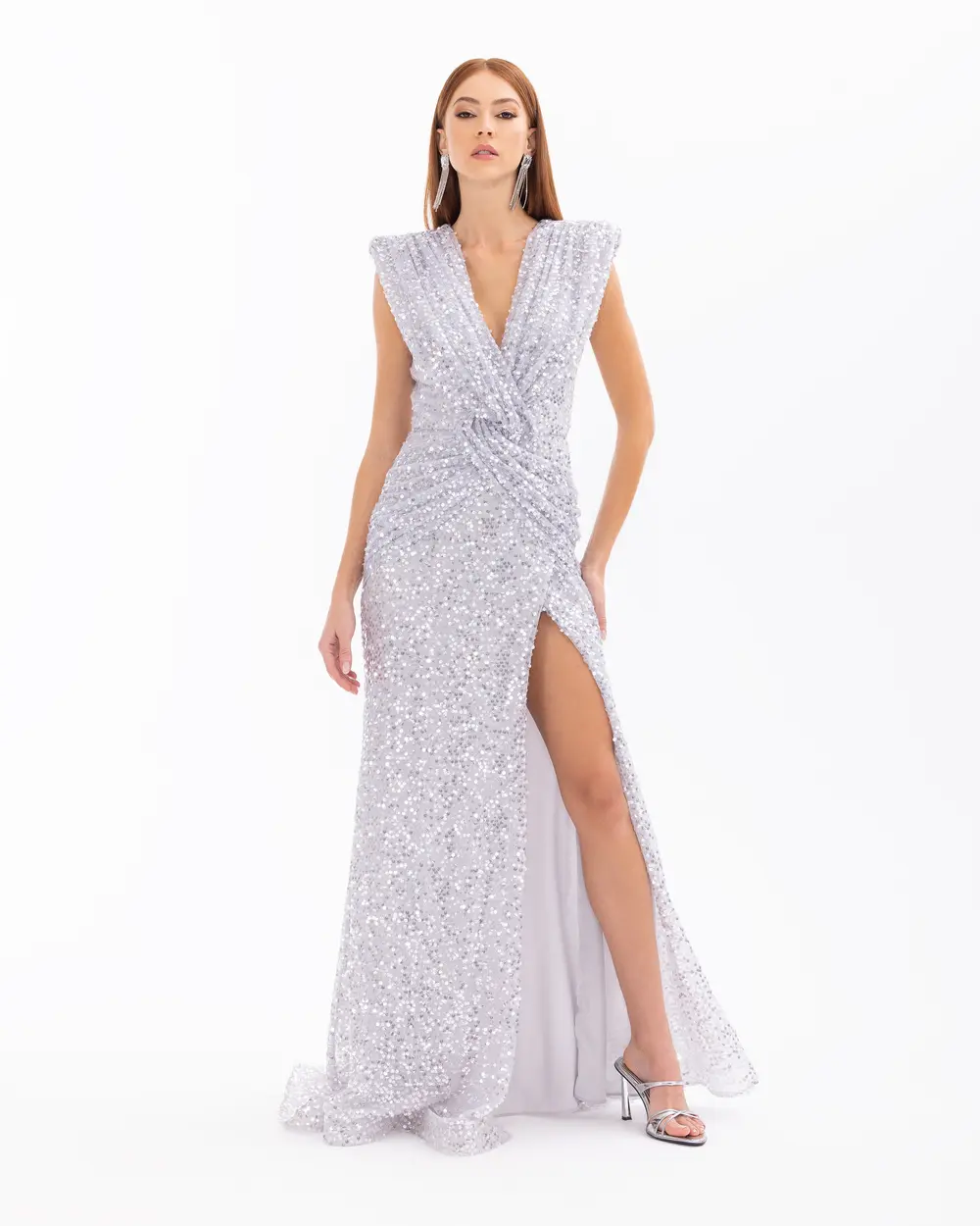 Draped V-Neck Sequin Evening Dress with Slits