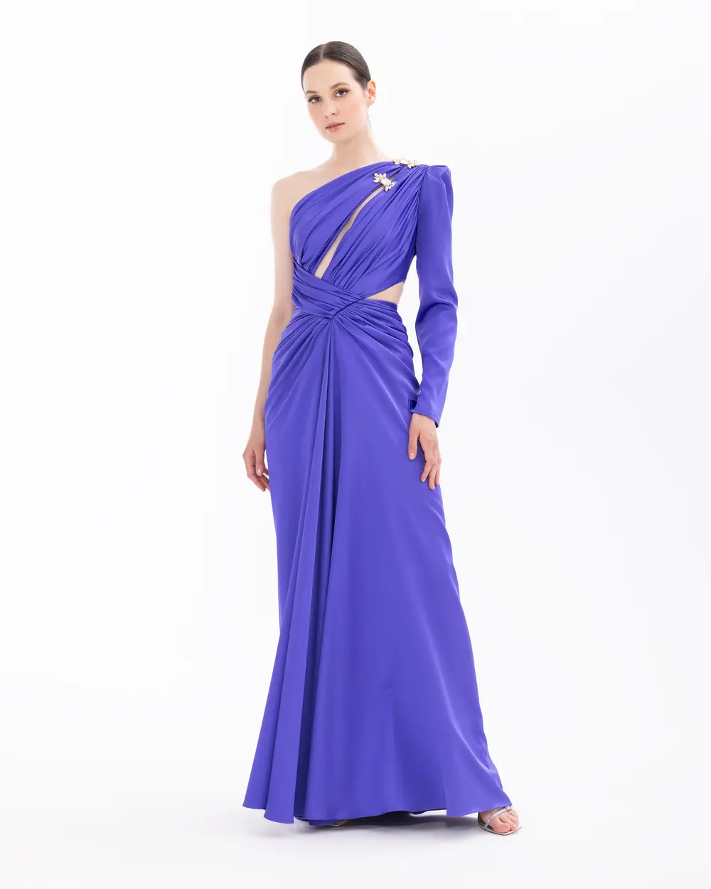 Satin Satin Window Detailed Evening Dress with Stone Slits