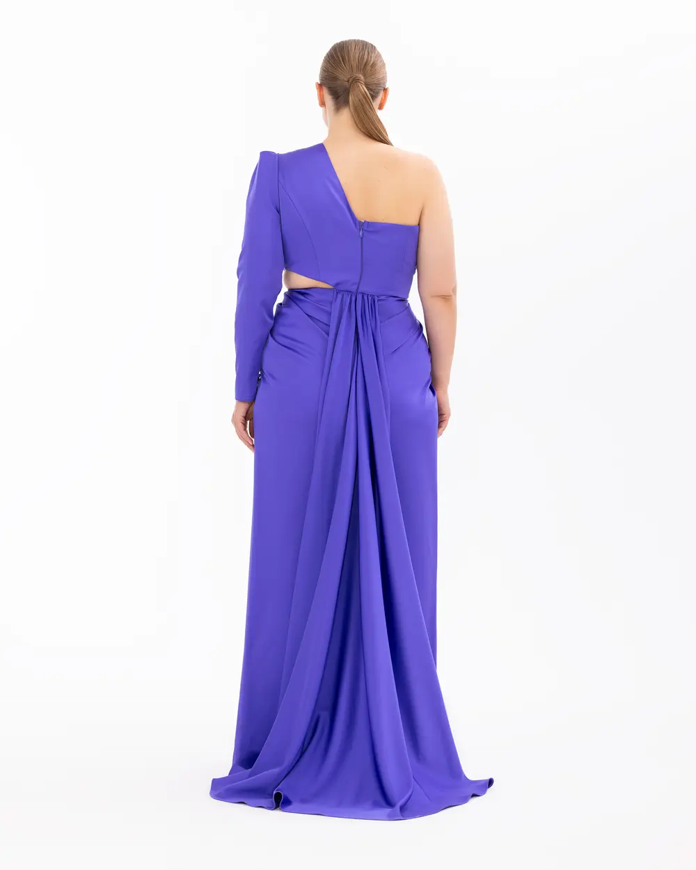 Satin Satin Window Detailed Evening Dress with Stone Slits