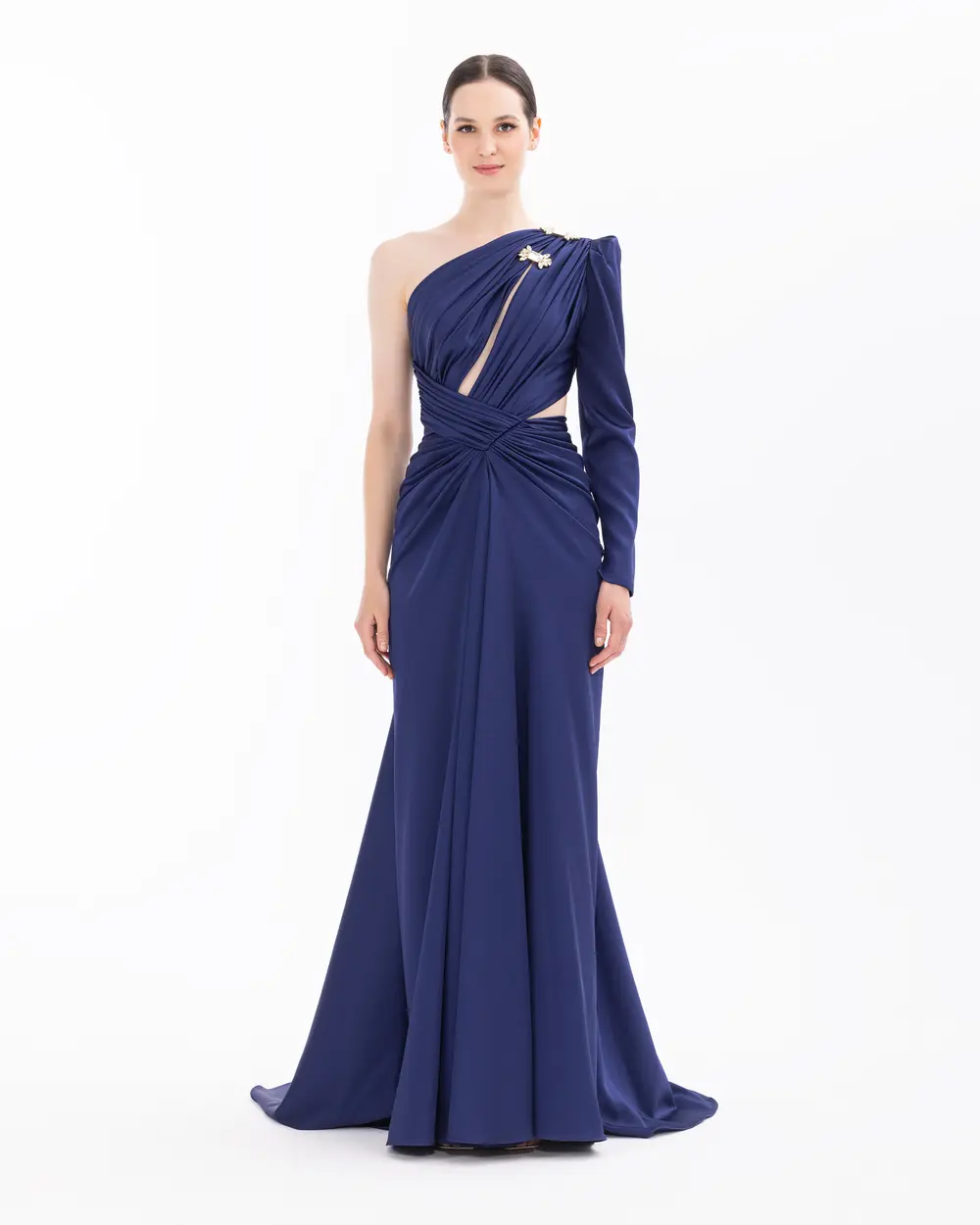 Satin Satin Window Detailed Evening Dress with Stone Slits