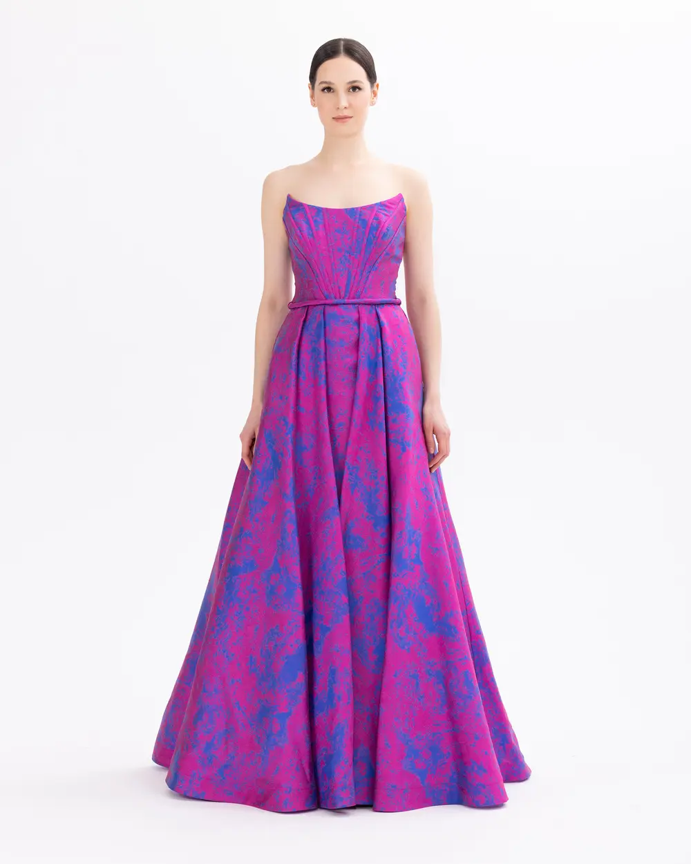 Strapless Pleated Jacquard Evening Dress