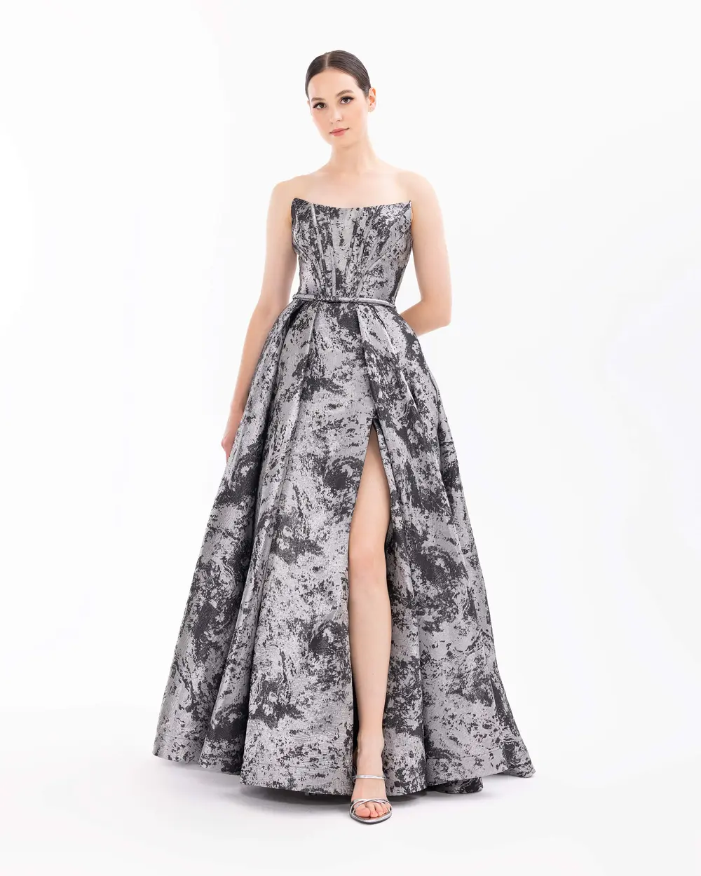 Strapless Pleated Jacquard Evening Dress