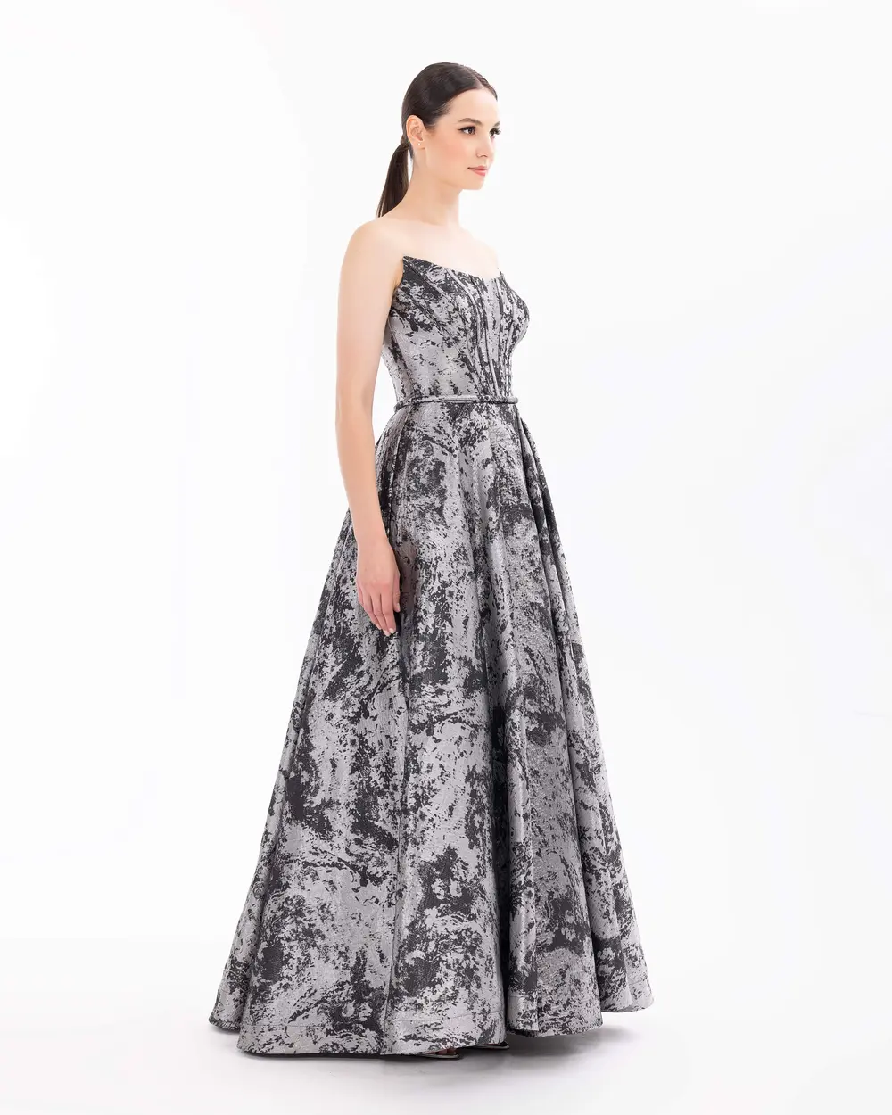 Strapless Pleated Jacquard Evening Dress