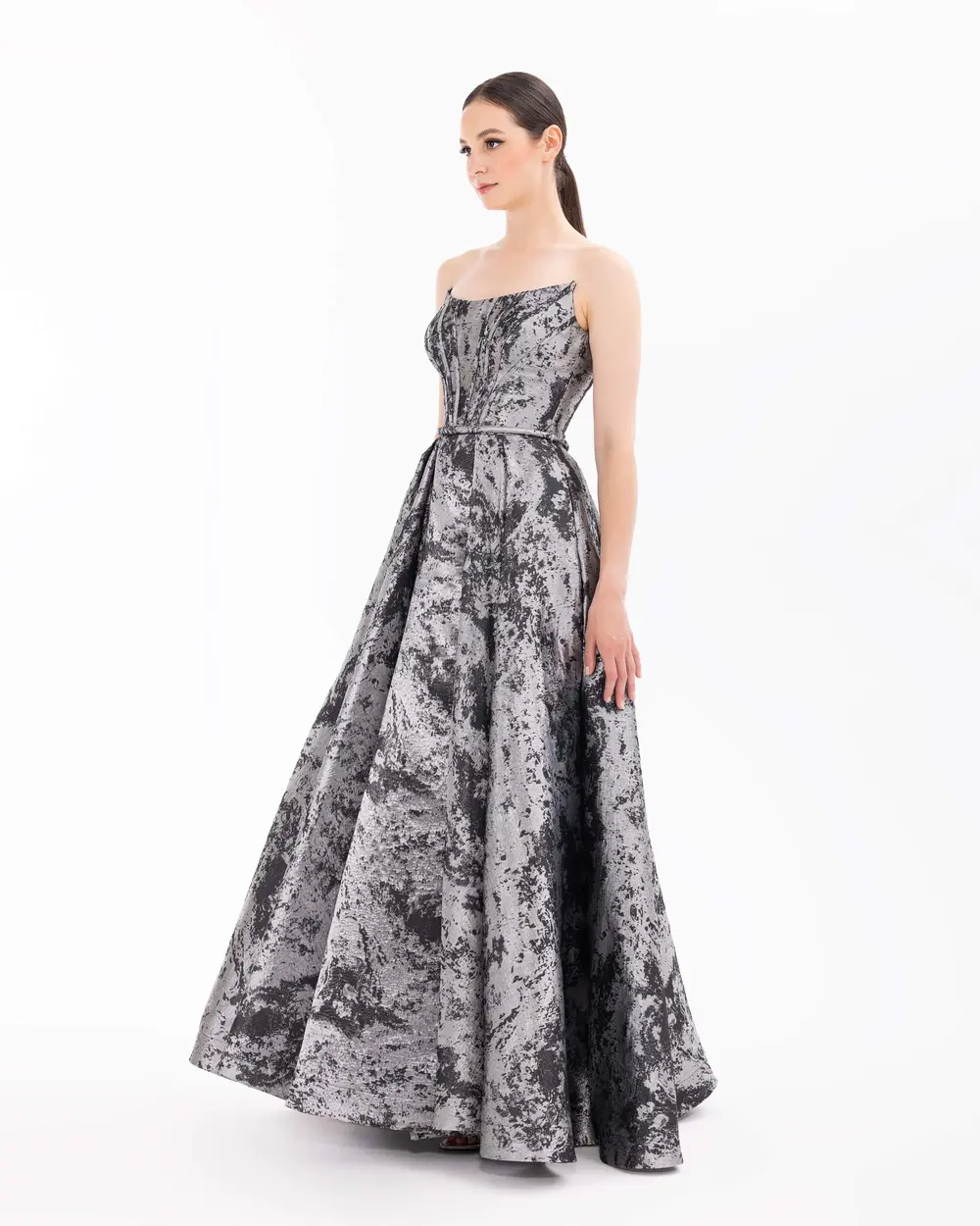 Strapless Pleated Jacquard Evening Dress