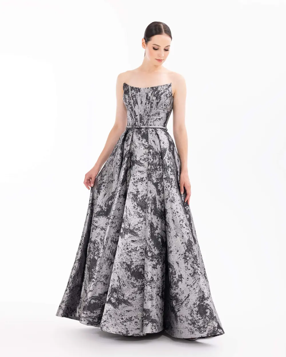 Strapless Pleated Jacquard Evening Dress