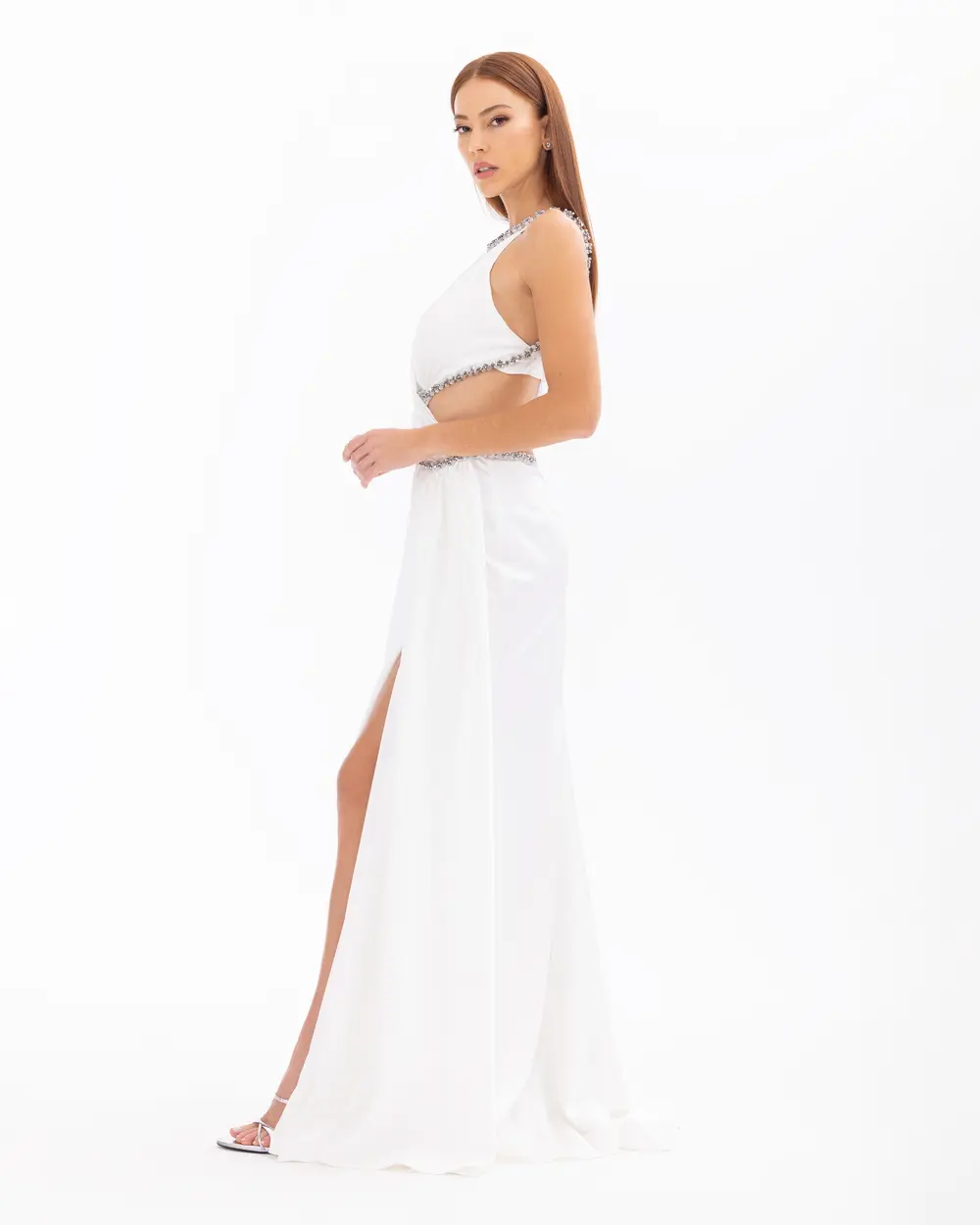 Asymmetric Collar Draped Satin Evening Dress