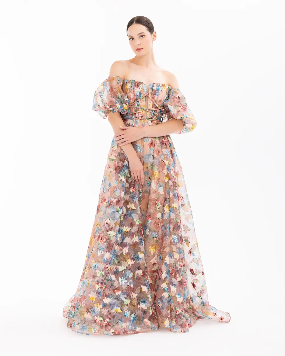 Strapless Balloon Sleeve Patterned Evening Dress