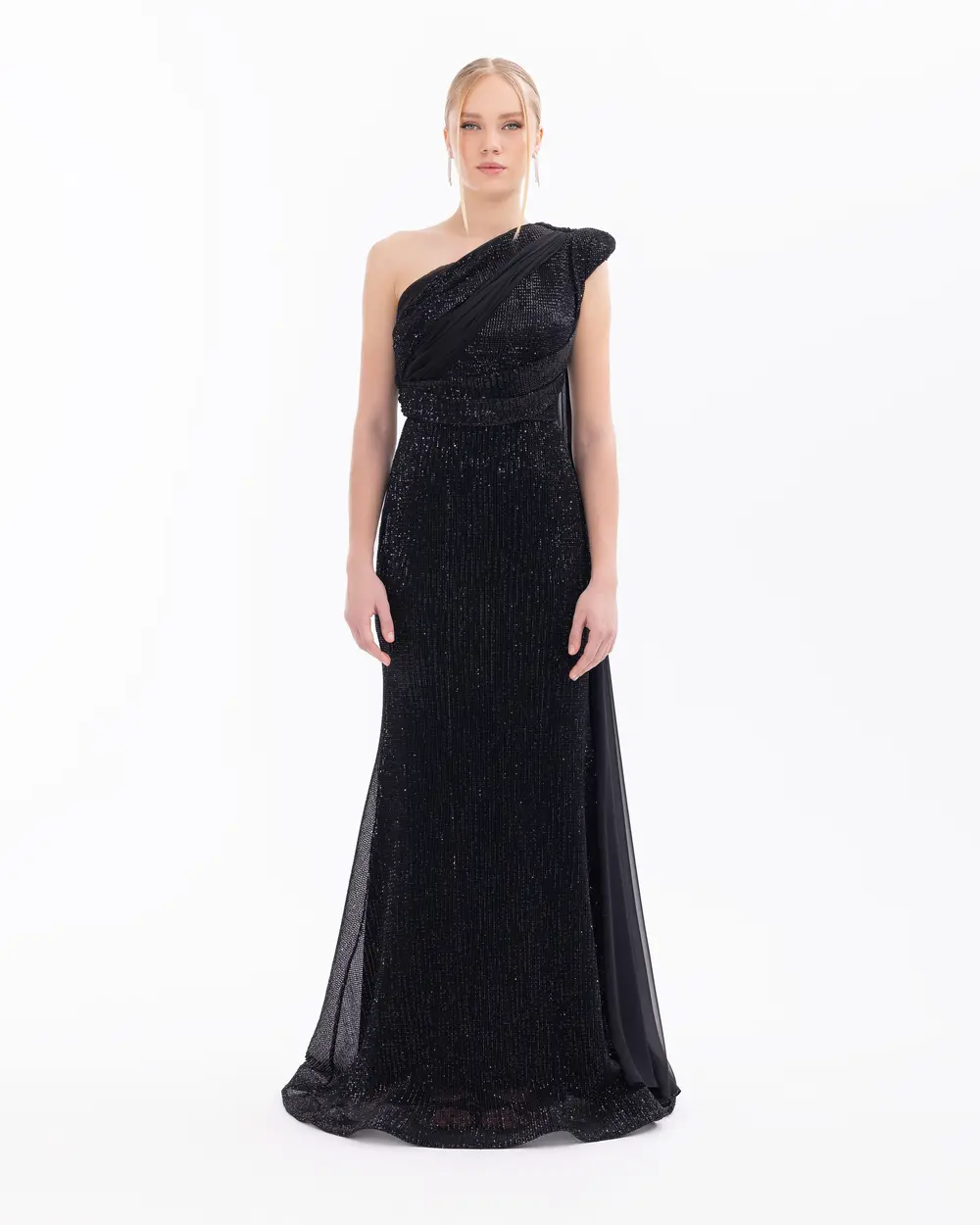 Draped One Shoulder Sequin Evening Dress