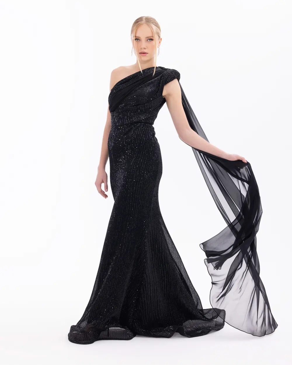 Draped One Shoulder Sequin Evening Dress