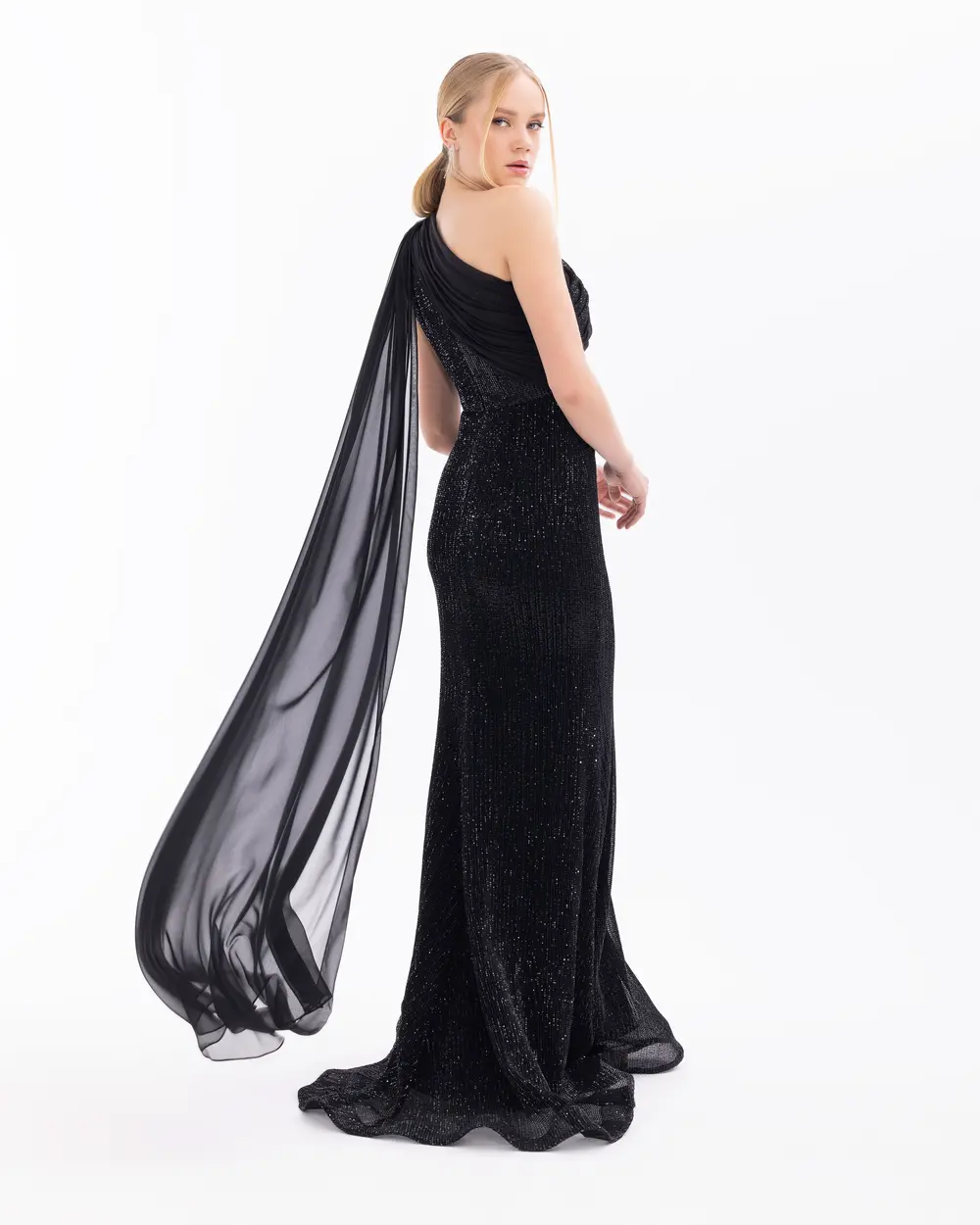 Draped One Shoulder Sequin Evening Dress