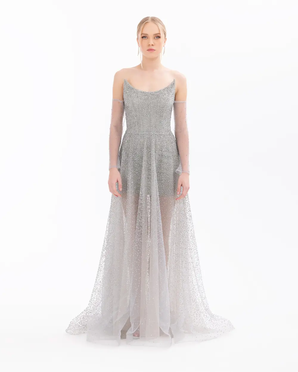 Silvery Strapless Maxi Length Evening Dress