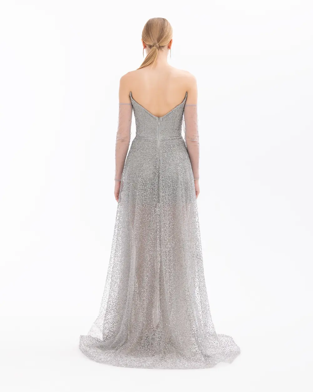 Silvery Strapless Maxi Length Evening Dress