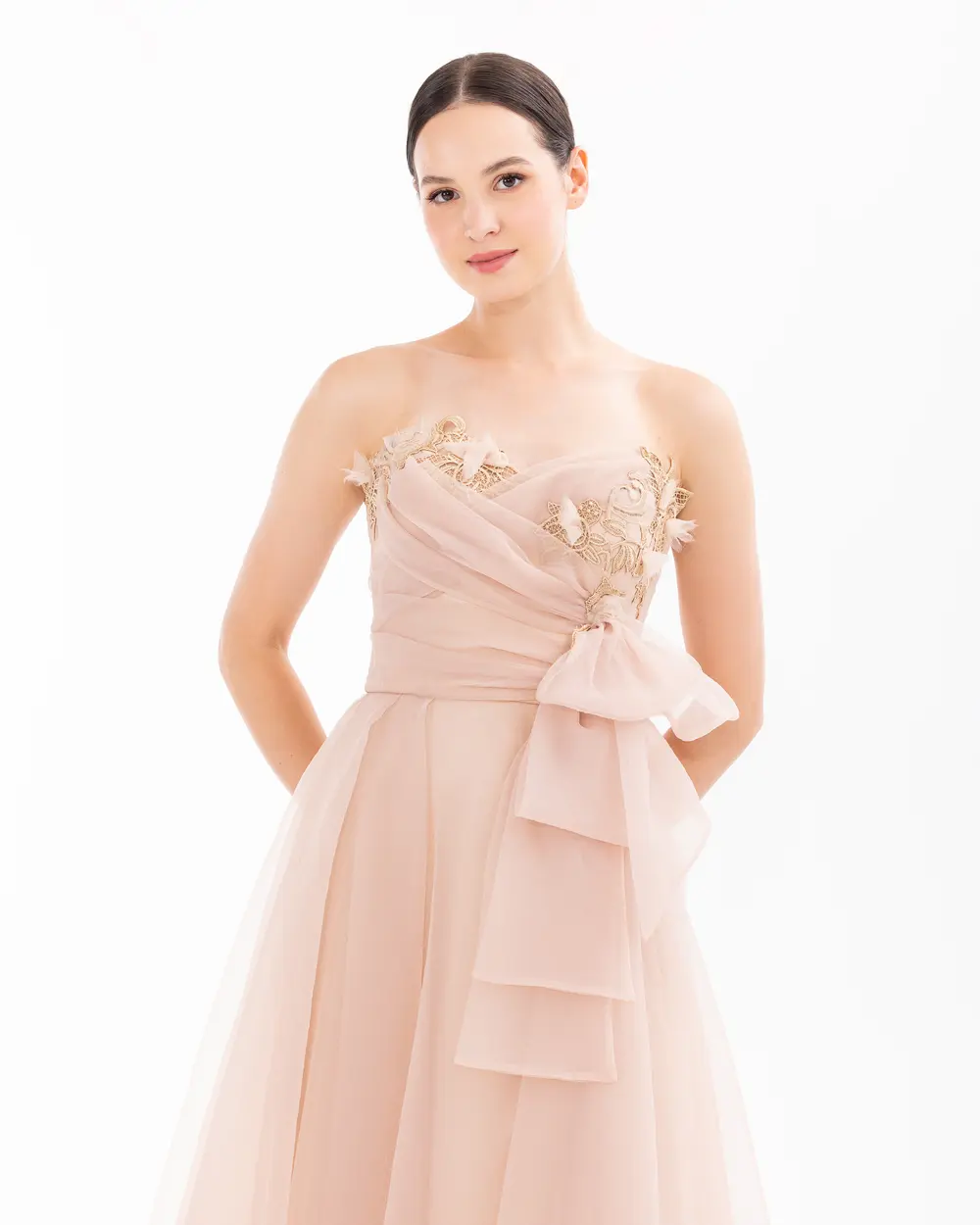 Heart Neck Organza Evening Dress with Slits