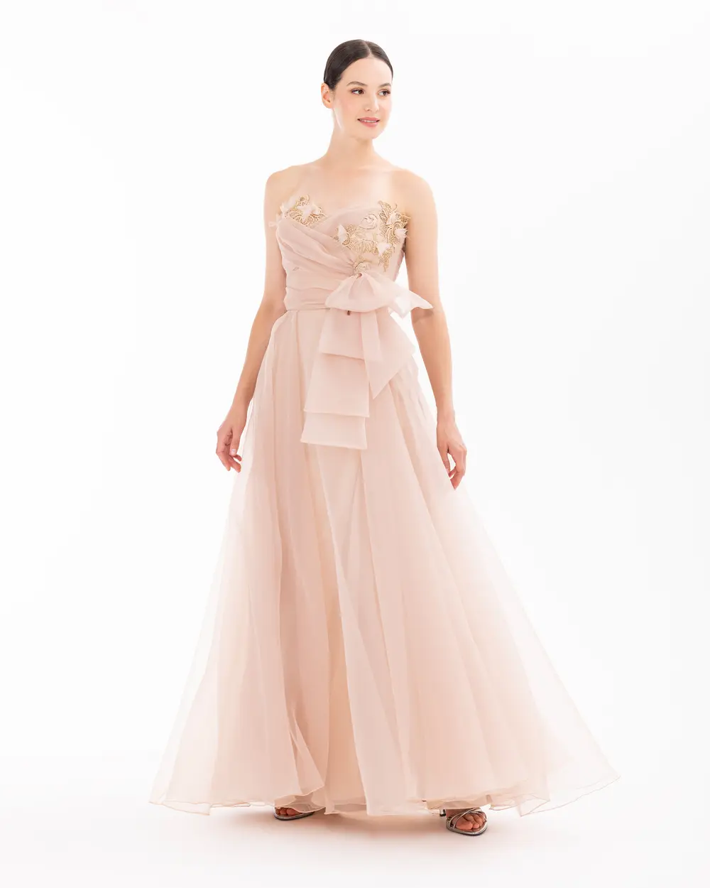 Heart Neck Organza Evening Dress with Slits