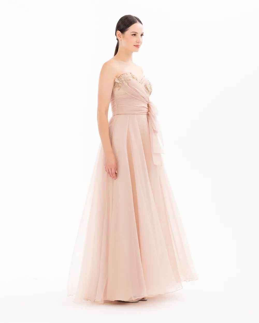 Heart Neck Organza Evening Dress with Slits