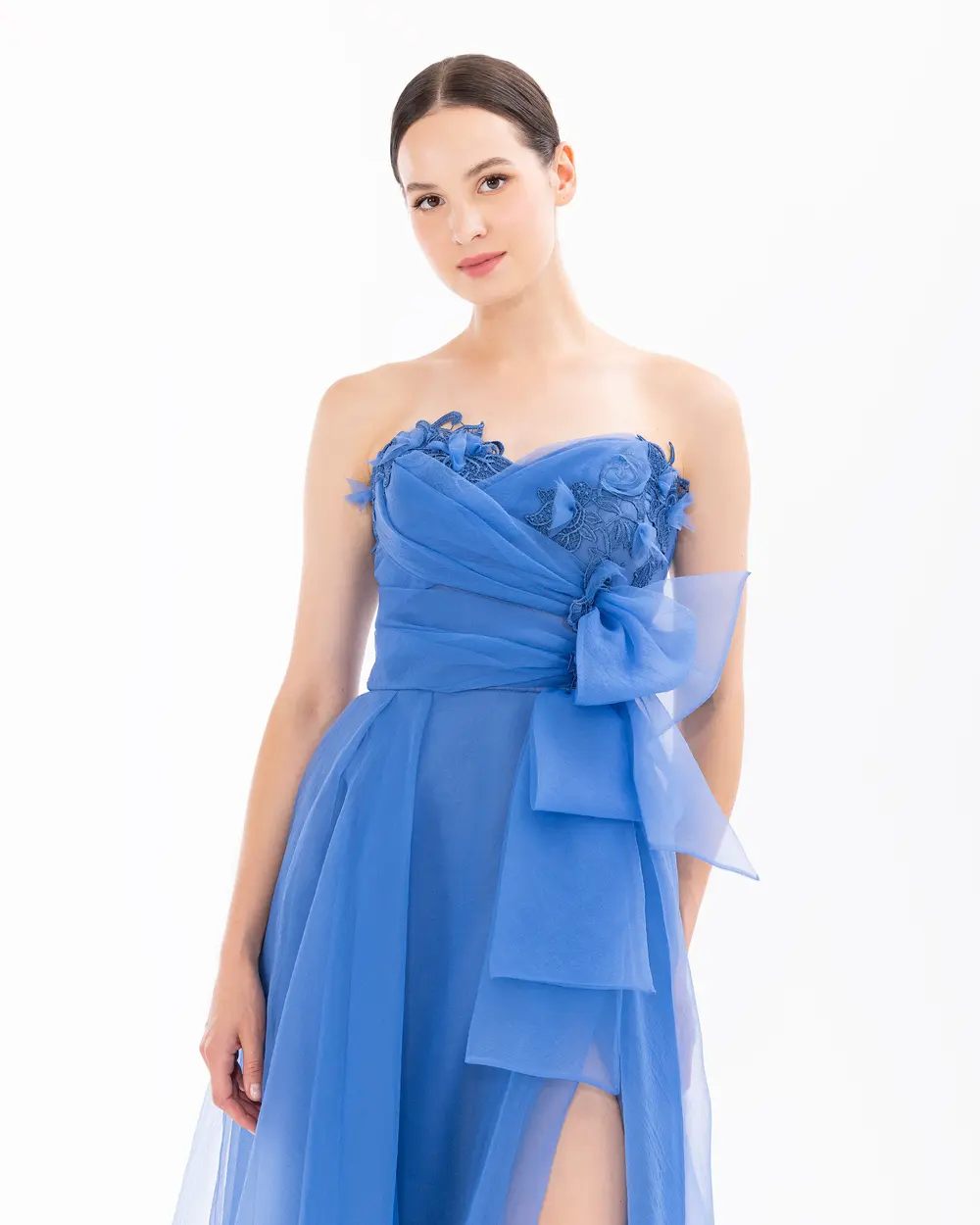 Heart Neck Organza Evening Dress with Slits