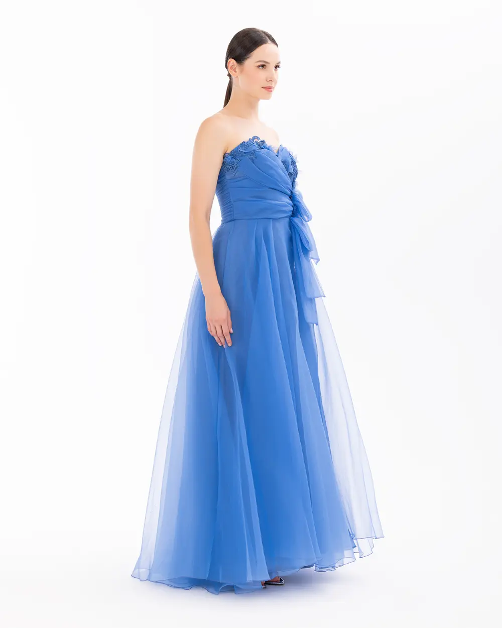 Heart Neck Organza Evening Dress with Slits