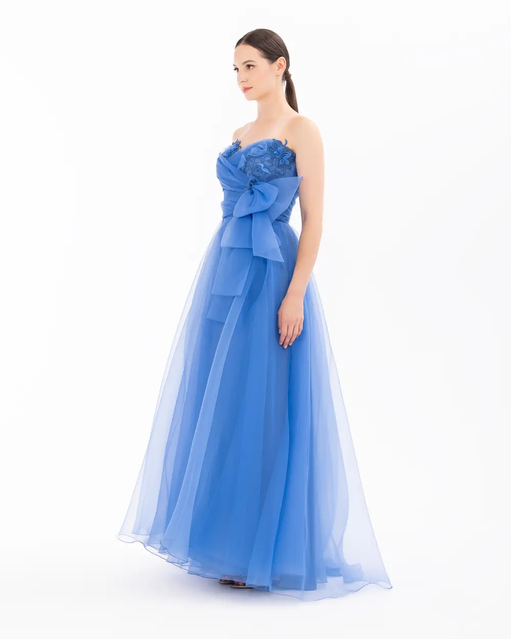 Heart Neck Organza Evening Dress with Slits