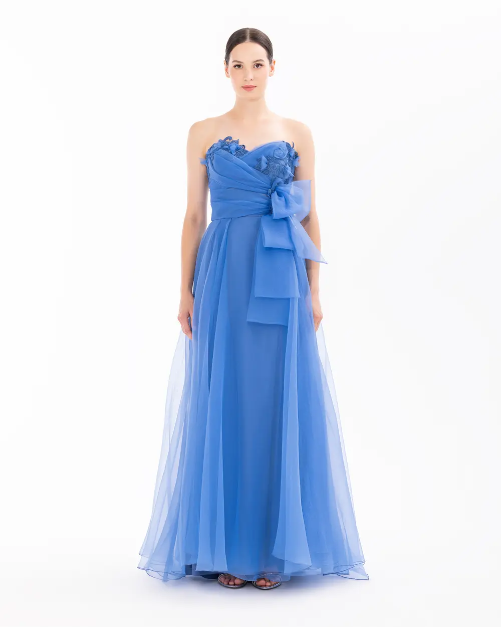 Heart Neck Organza Evening Dress with Slits