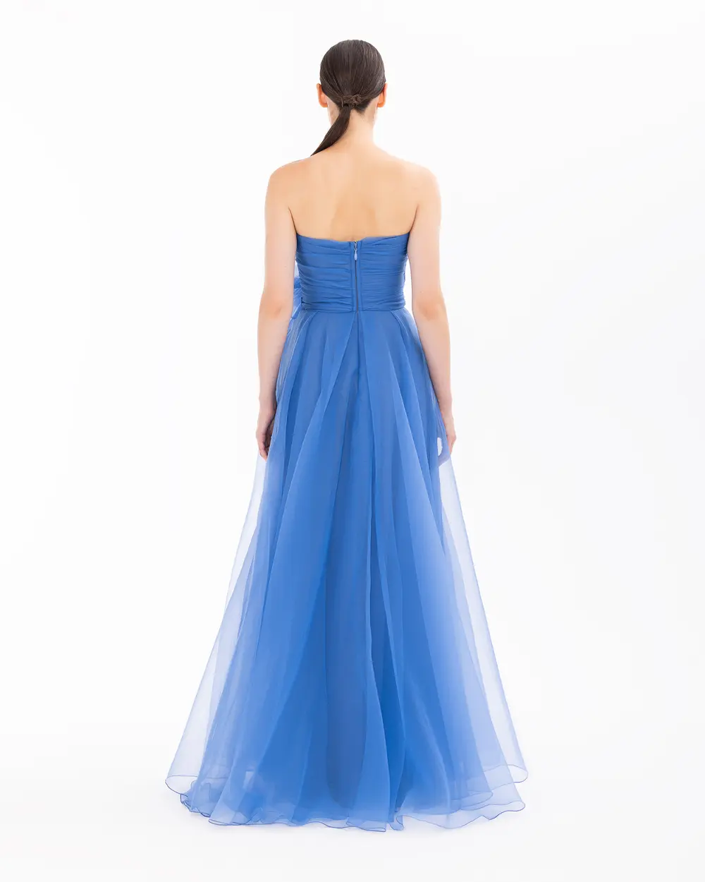 Heart Neck Organza Evening Dress with Slits