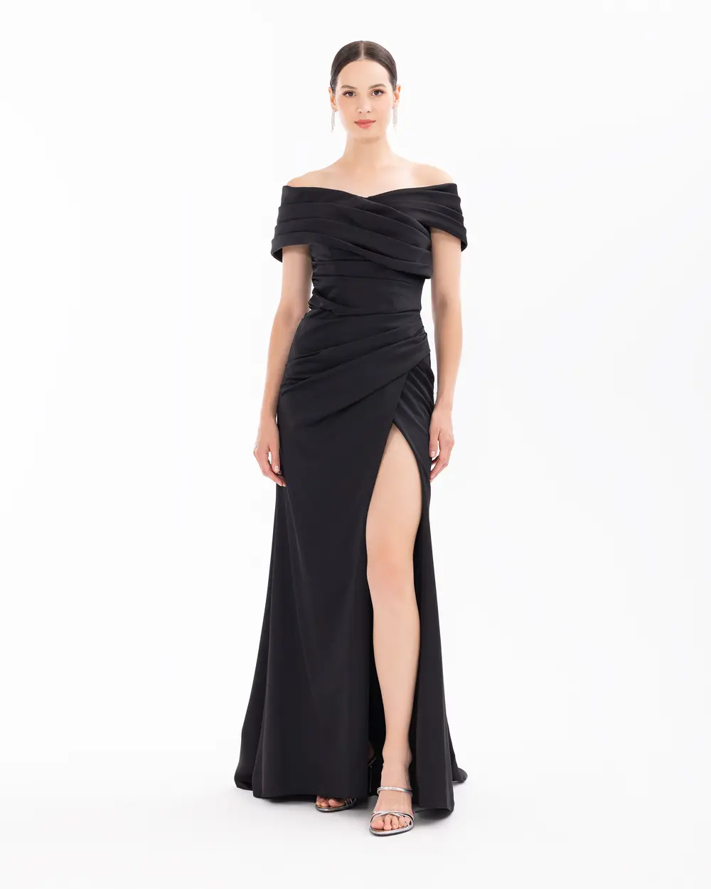 Draped Off Shoulder Slit Evening Dress