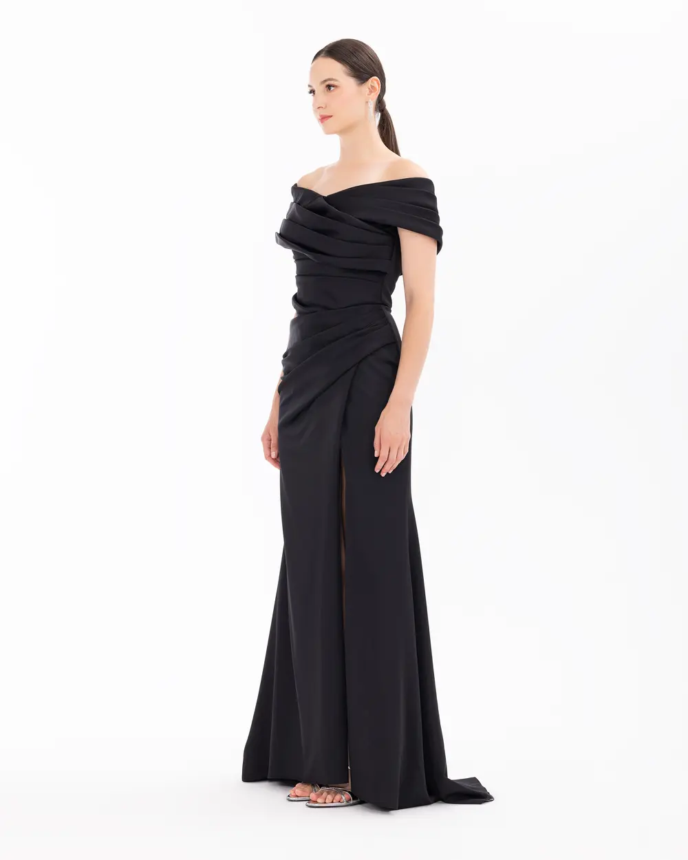 Draped Off Shoulder Slit Evening Dress